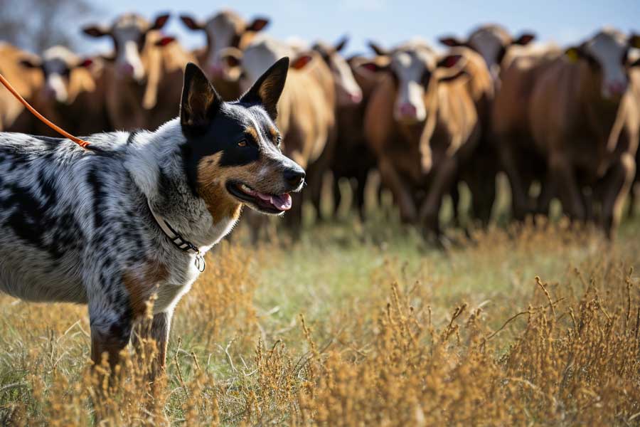 An Australian Cattle Dog stands alert in a sunny, grassy field, with a herd of cattle gathered behind it.