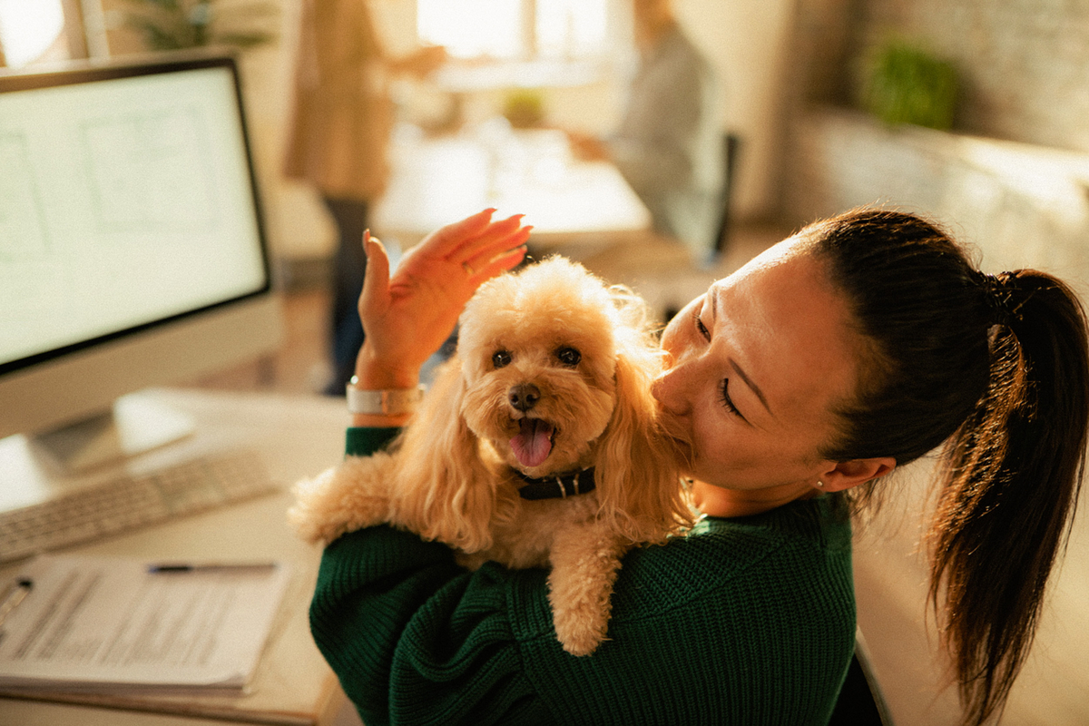 Woman with dog at desk