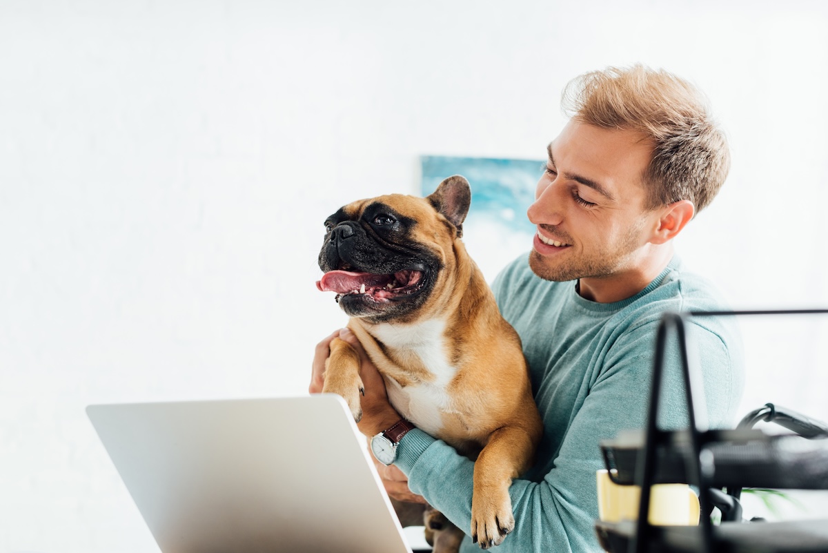 Man with dog at laptop
