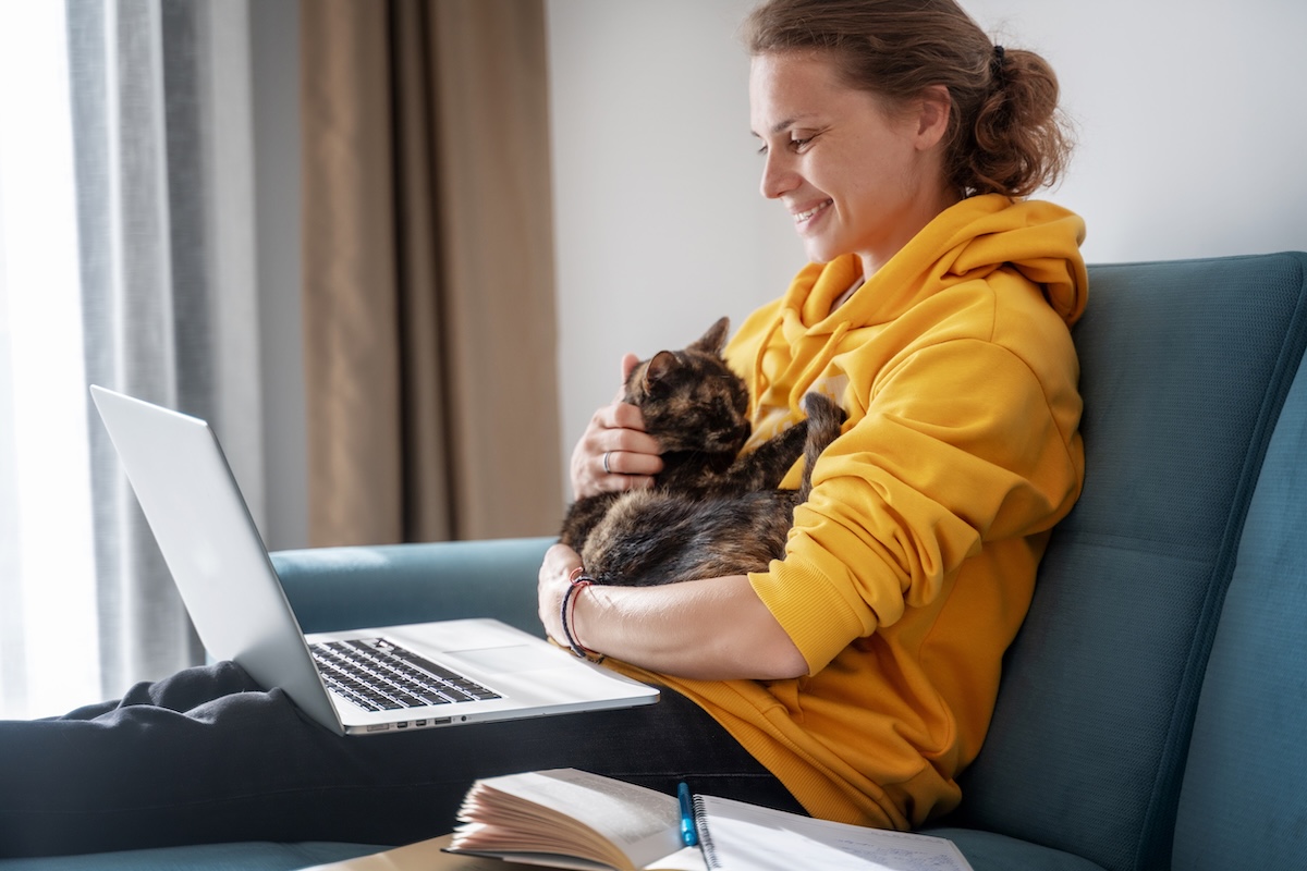 woman with cat and laptop